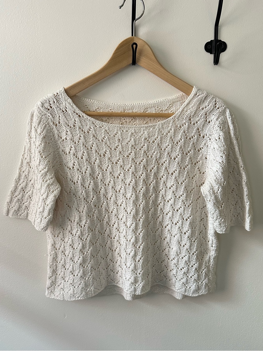 Vintage White Open-Knit Short Sleeve Crochet Sweater Top